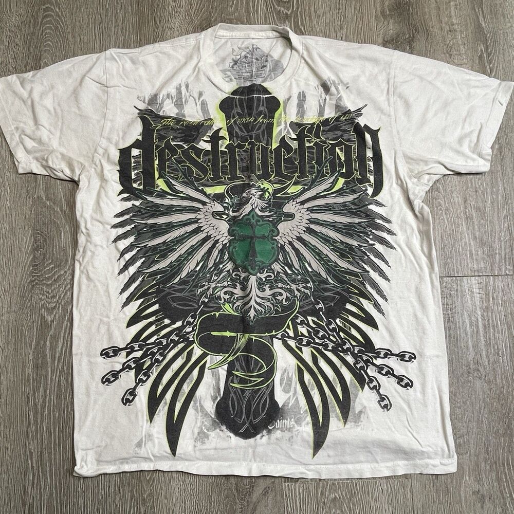 Vintage Y2K AOP Destruction Griffin Foil Affliction Style T Shirt Tee Large